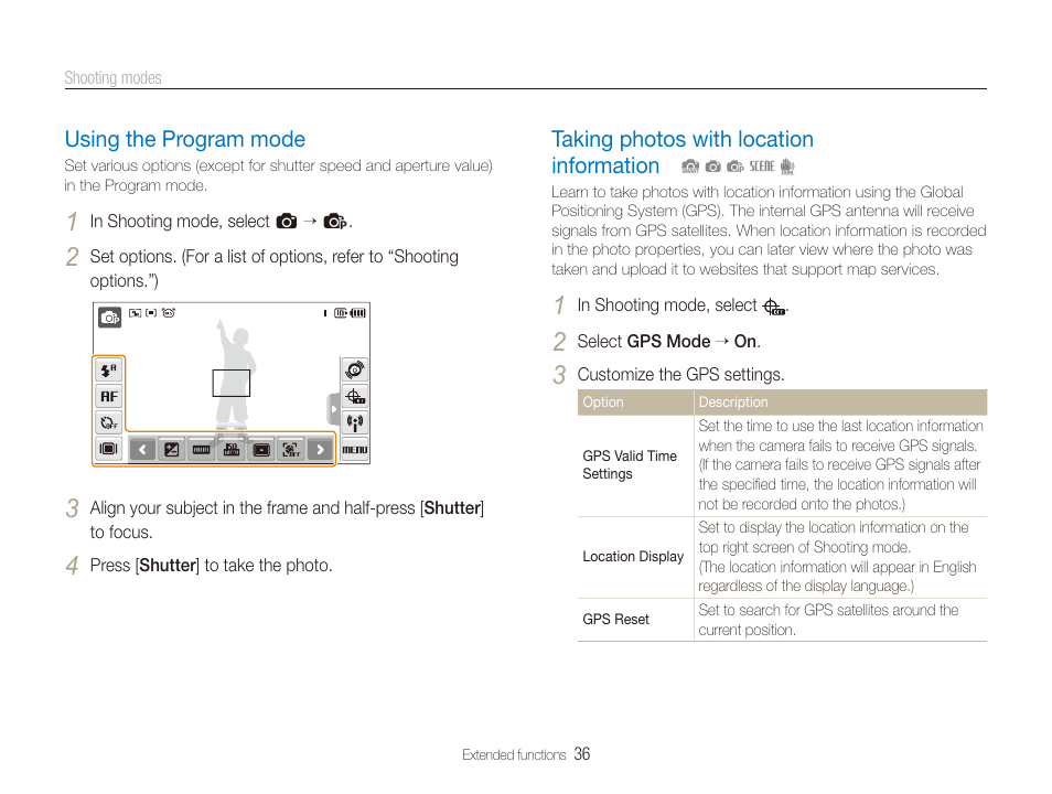 Using the program mode, Taking photos with location information, Ake a photo by setting options. (p. 36) | Using the program mode …………………………………… 36 | Samsung CL65 User Manual | Page 37 / 129