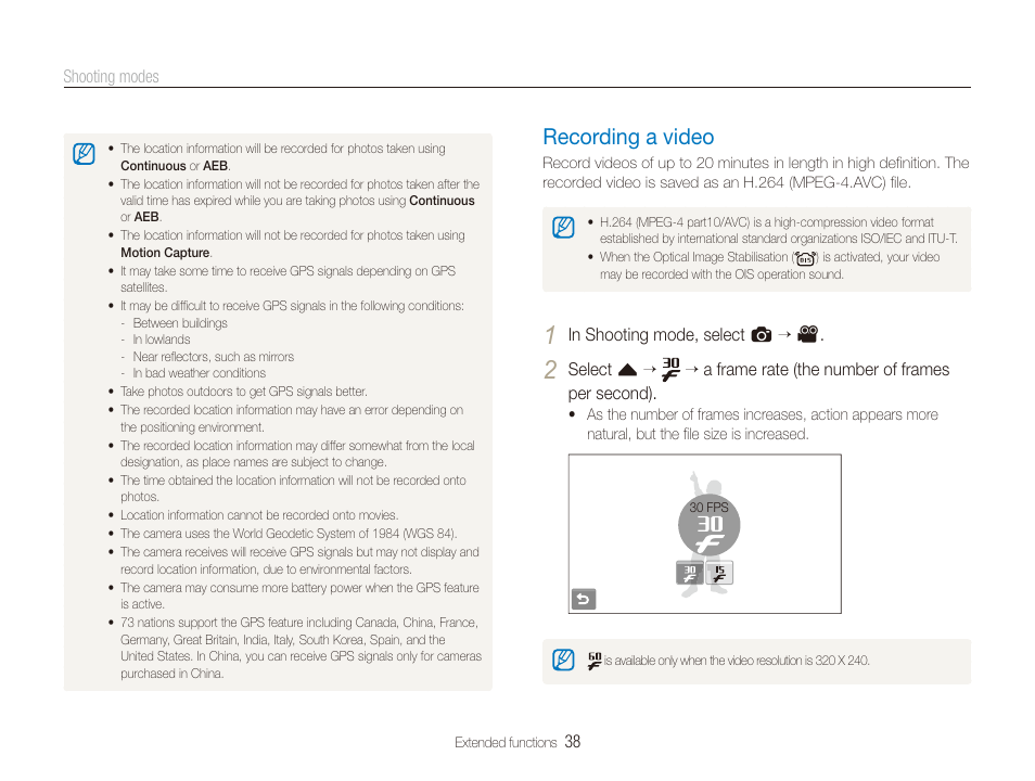 Recording a video, Record a video. (p. 38), Recording a video …………………………………………… 38 | Samsung CL65 User Manual | Page 39 / 129