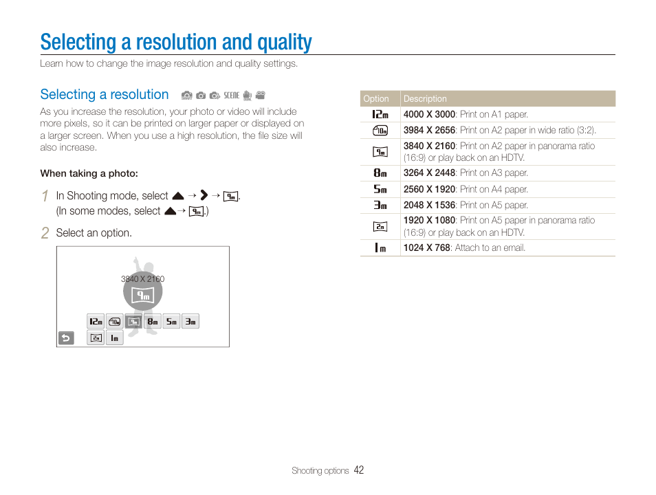 Selecting a resolution and quality, Selecting a resolution, Selecting a resolution ………………………… 42 | Samsung CL65 User Manual | Page 43 / 129