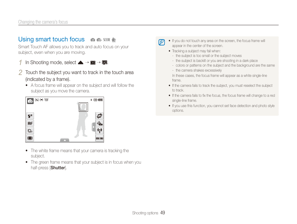 Using smart touch focus, Using smart touch focus ……………………… 49 | Samsung CL65 User Manual | Page 50 / 129