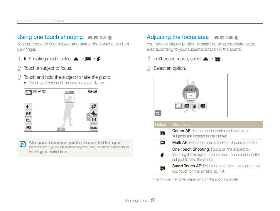Using one touch shooting, Adjusting the focus area, Using one touch shooting …………………… 50 | Adjusting the focus area ……………………… 50 | Samsung CL65 User Manual | Page 51 / 129