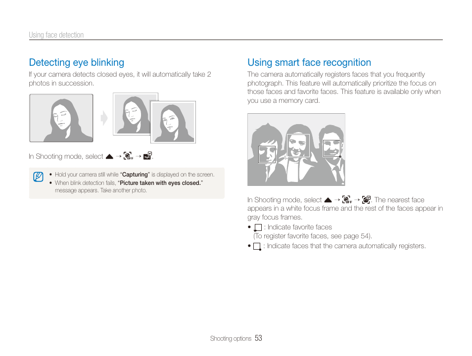 Detecting eye blinking, Using smart face recognition, Detecting eye blinking ………………………… 53 | Using smart face recognition ………………… 53 | Samsung CL65 User Manual | Page 54 / 129