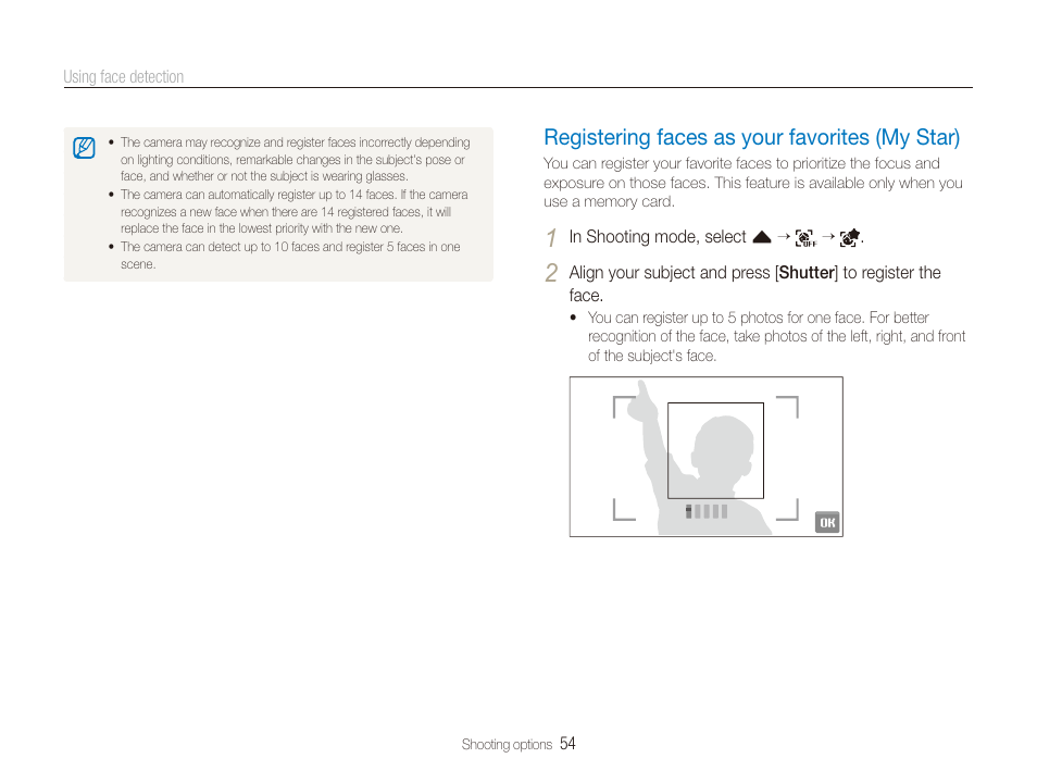 Registering faces as your favorites (my star), Registering faces as your favorites (my star) … 54 | Samsung CL65 User Manual | Page 55 / 129