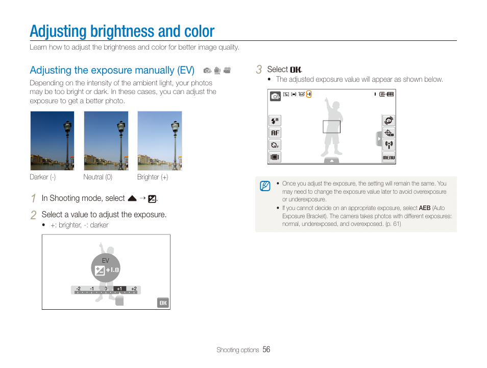 Adjusting brightness and color, Adjusting the exposure manually (ev), Adjust the exposure. (p | Adjusting the exposure manually (ev) ………… 56 | Samsung CL65 User Manual | Page 57 / 129