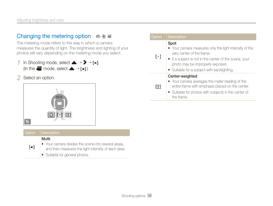 Changing the metering option, Changing the metering option ………………… 58 | Samsung CL65 User Manual | Page 59 / 129