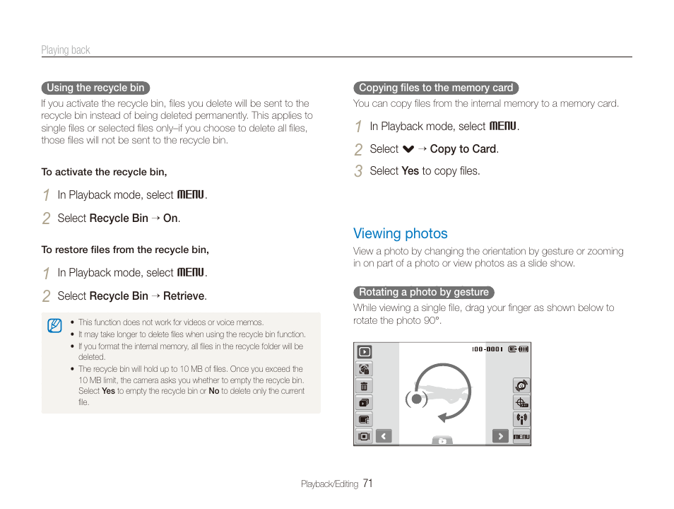 Viewing photos, Viewing photos ………………………………… 71 | Samsung CL65 User Manual | Page 72 / 129