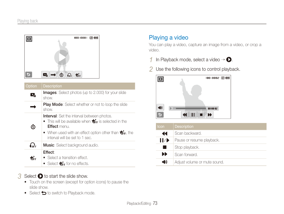 Playing a video, Playing a video ………………………………… 73, Video p. 73/v | Samsung CL65 User Manual | Page 74 / 129