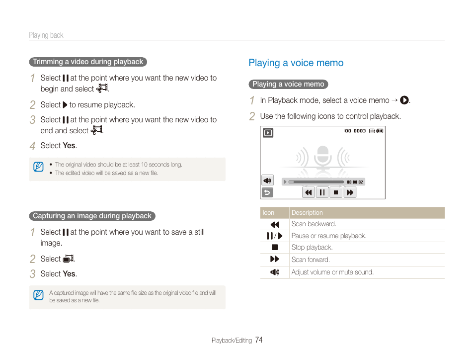 Playing a voice memo, Playing a voice memo ………………………… 74, Oice memo p. 74) | Samsung CL65 User Manual | Page 75 / 129