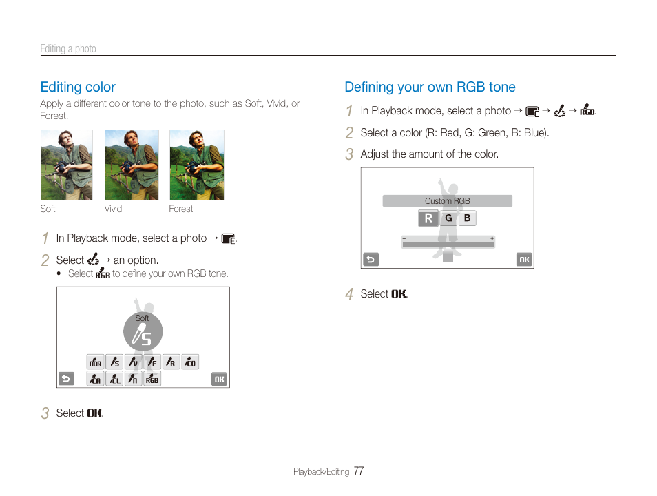Editing color, Defining your own rgb tone, Deﬁning your own rgb tone | Editing color …………………………………… 77, Deﬁning your own rgb tone ………………… 77 | Samsung CL65 User Manual | Page 78 / 129
