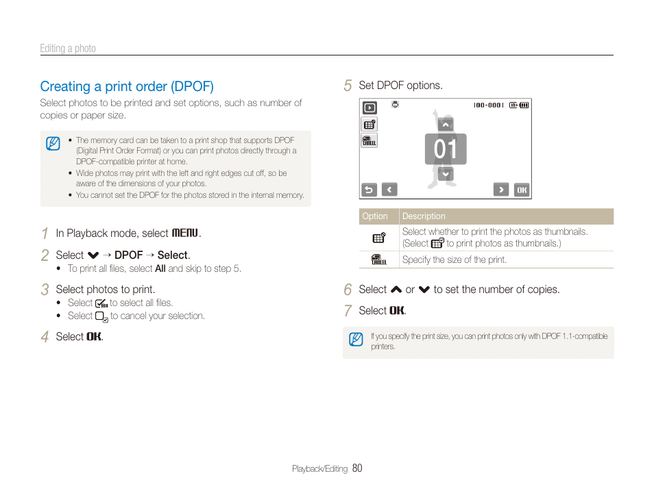 Creating a print order (dpof), Creating a print order (dpof) ………………… 80 | Samsung CL65 User Manual | Page 81 / 129