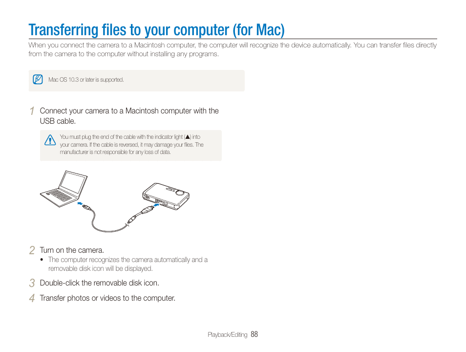 Transferring files to your computer (for mac), Transferring ﬁles to your computer (for mac), Transferring ﬁles to your computer | For mac) | Samsung CL65 User Manual | Page 89 / 129