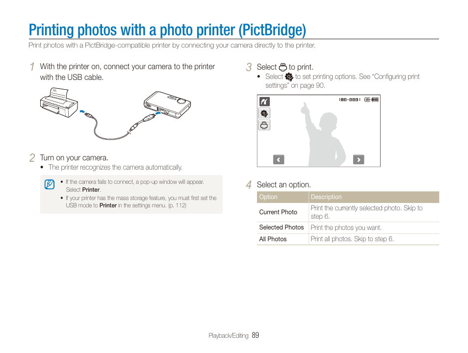 Printing photos with a photo printer (pictbridge), Printing photos with a photo printer, Pictbridge) | Samsung CL65 User Manual | Page 90 / 129