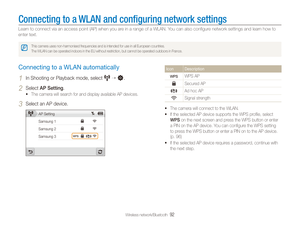 Connecting to a wlan automatically, Connecting to a wlan and conﬁguring, Network settings | Connecting to a wlan automatically ………… 92 | Samsung CL65 User Manual | Page 93 / 129