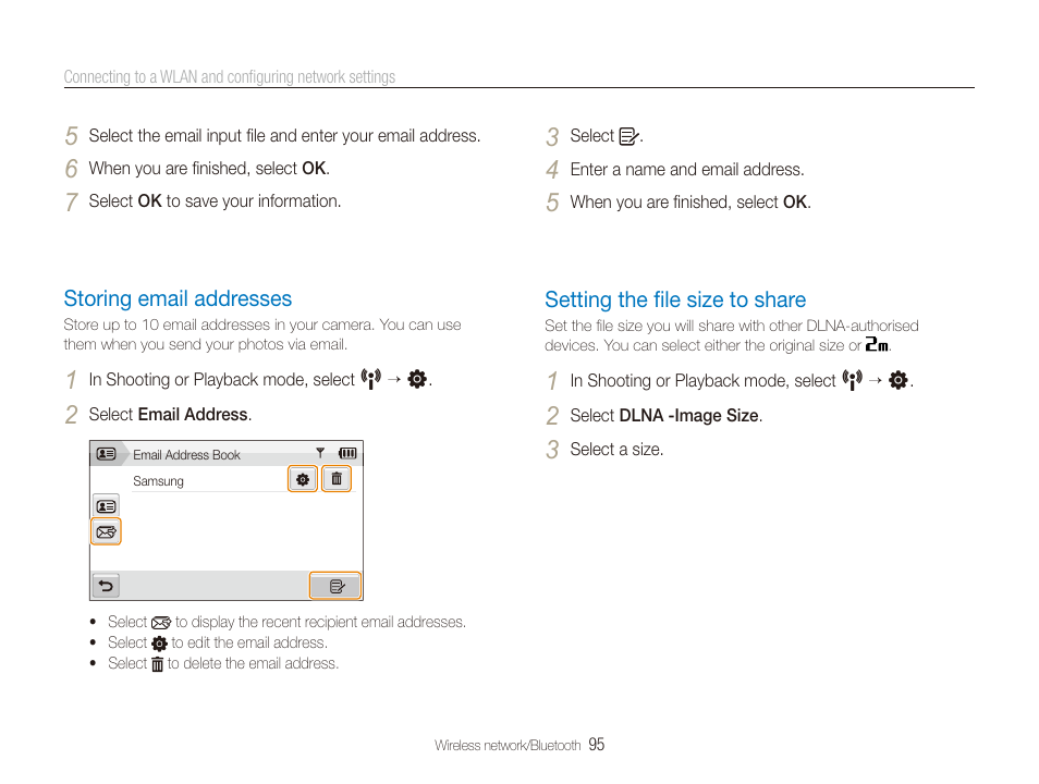 Storing email addresses, Setting the file size to share, Setting the ﬁle size to share | Storing email addresses ……………………… 95, Setting the ﬁle size to share …………………… 95 | Samsung CL65 User Manual | Page 96 / 129