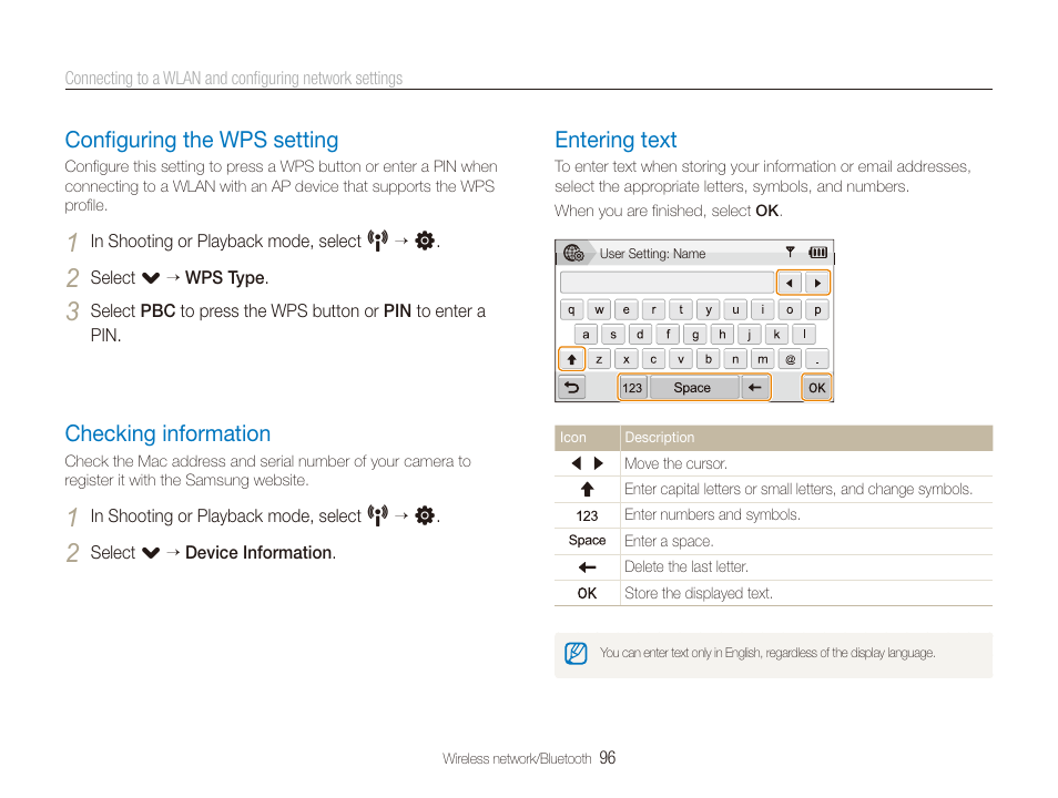 Configuring the wps setting, Checking information, Entering text | Conﬁguring the wps setting, Conﬁguring the wps setting ………………… 96, Checking information ………………………… 96, Entering text …………………………………… 96 | Samsung CL65 User Manual | Page 97 / 129