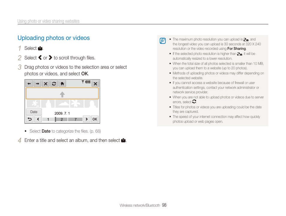 Uploading photos or videos, Uploading photos or videos …………………… 98 | Samsung CL65 User Manual | Page 99 / 129