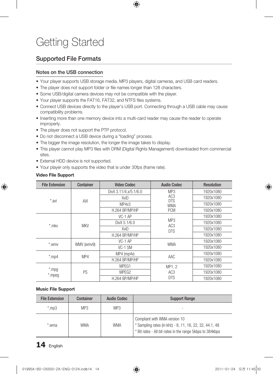 Supported file formats, Getting started | Samsung BD-D5500 User Manual | Page 14 / 74