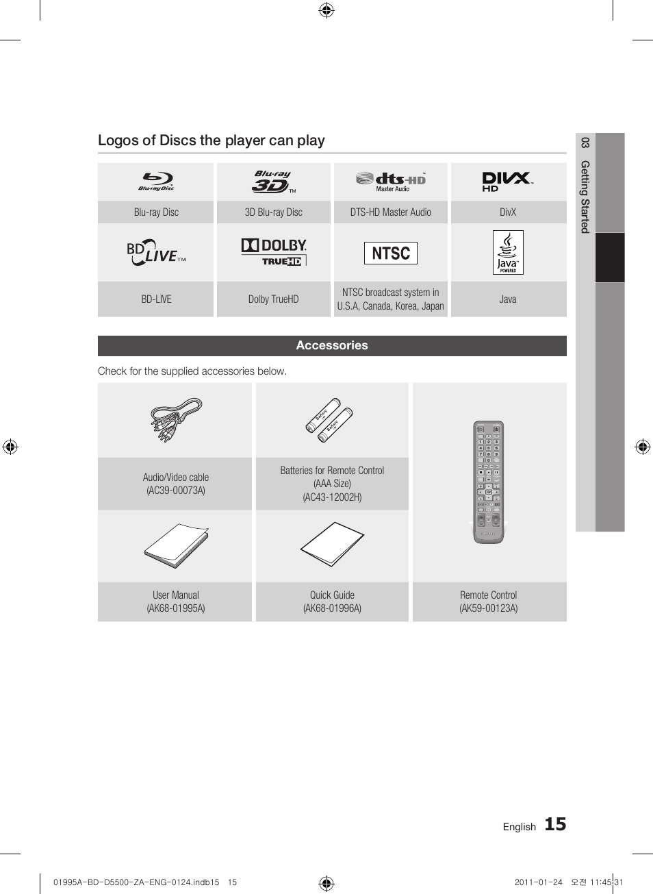 Logos of discs the player can play, Accessories, 03 getting started | Check for the supplied accessories below, English | Samsung BD-D5500 User Manual | Page 15 / 74