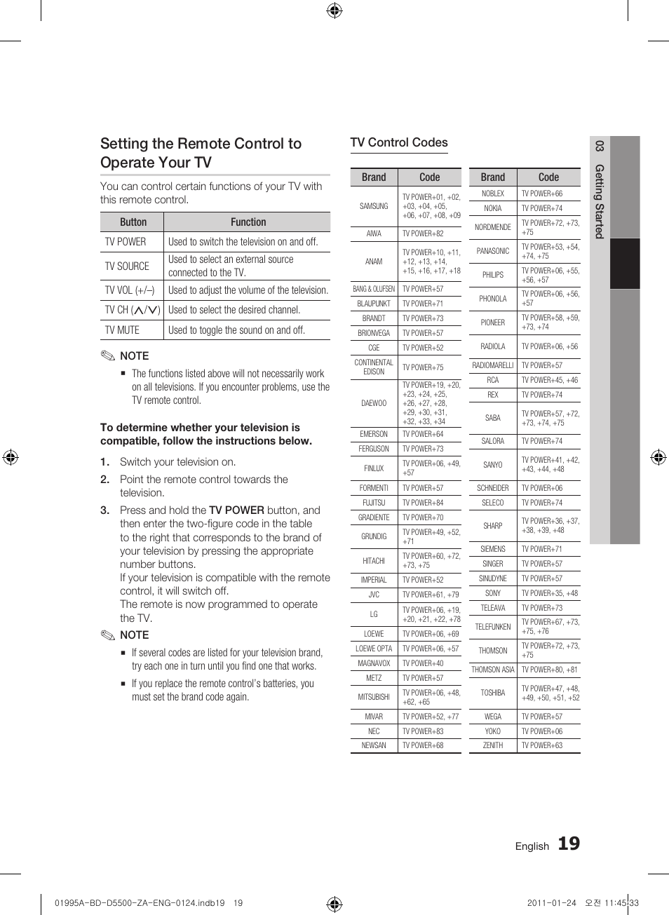 Setting the remote control to operate your tv, Tv control codes | Samsung BD-D5500 User Manual | Page 19 / 74