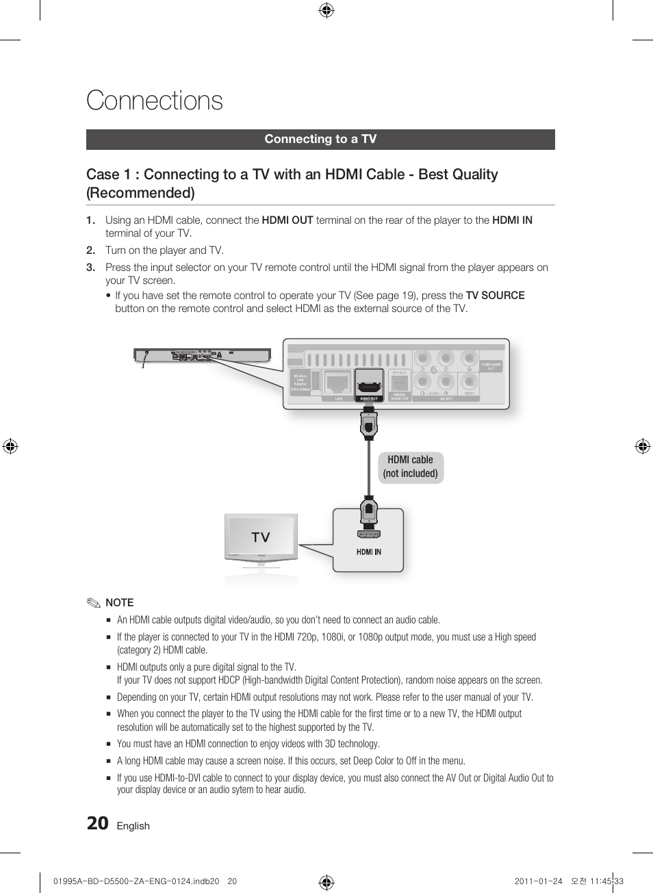 Connections, Connecting to a tv | Samsung BD-D5500 User Manual | Page 20 / 74