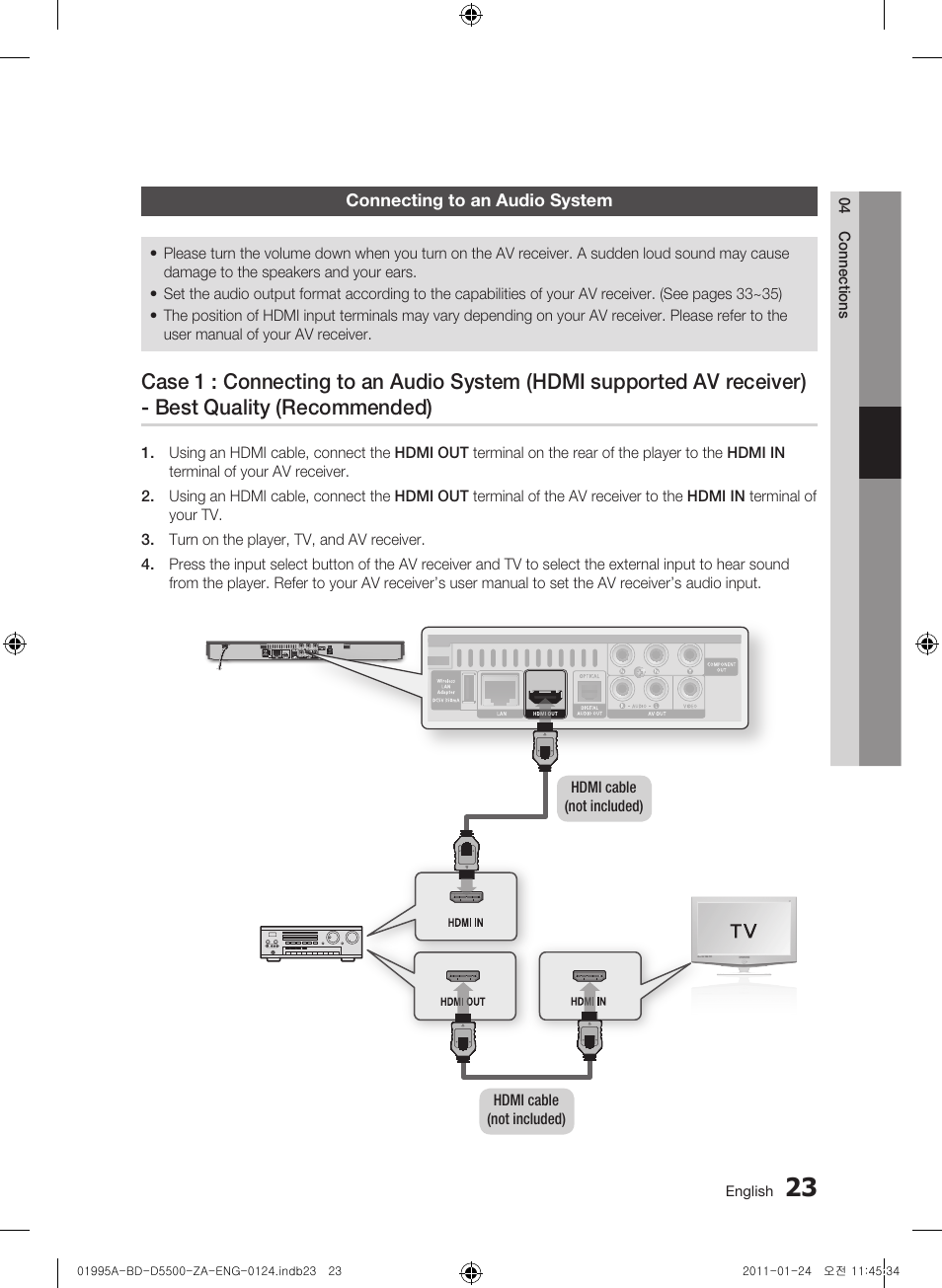 Connecting to an audio system | Samsung BD-D5500 User Manual | Page 23 / 74
