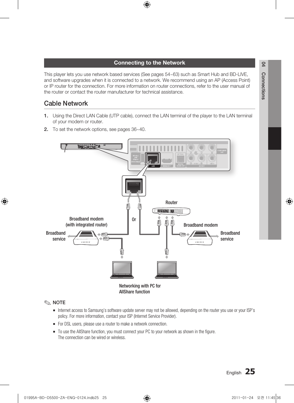 Connecting to the network, Cable network | Samsung BD-D5500 User Manual | Page 25 / 74