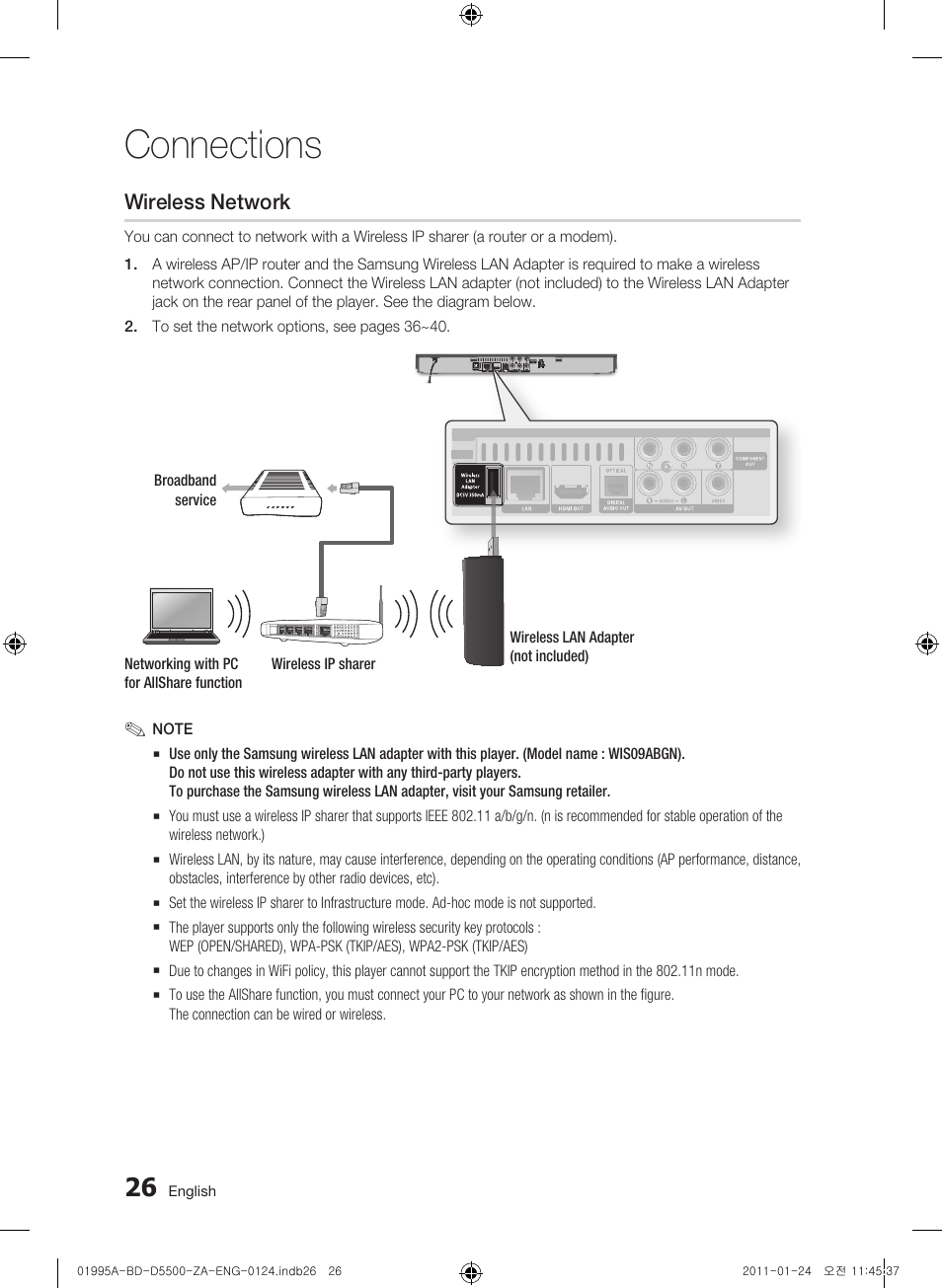 Wireless network, Connections | Samsung BD-D5500 User Manual | Page 26 / 74
