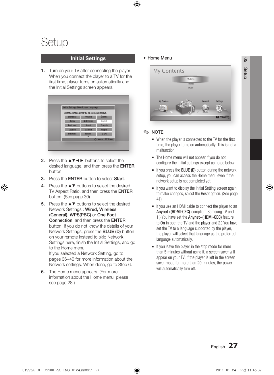 Setup, Initial settings, My contents | Samsung BD-D5500 User Manual | Page 27 / 74