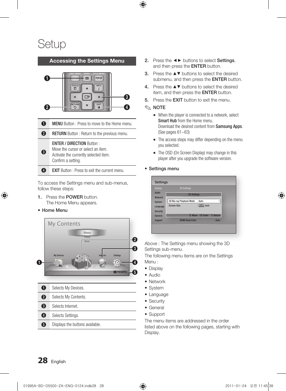 Accessing the settings menu, Setup, My contents | Samsung BD-D5500 User Manual | Page 28 / 74