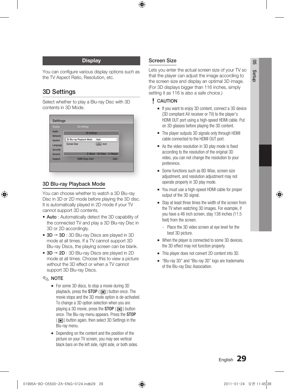 Display, 3d settings | Samsung BD-D5500 User Manual | Page 29 / 74