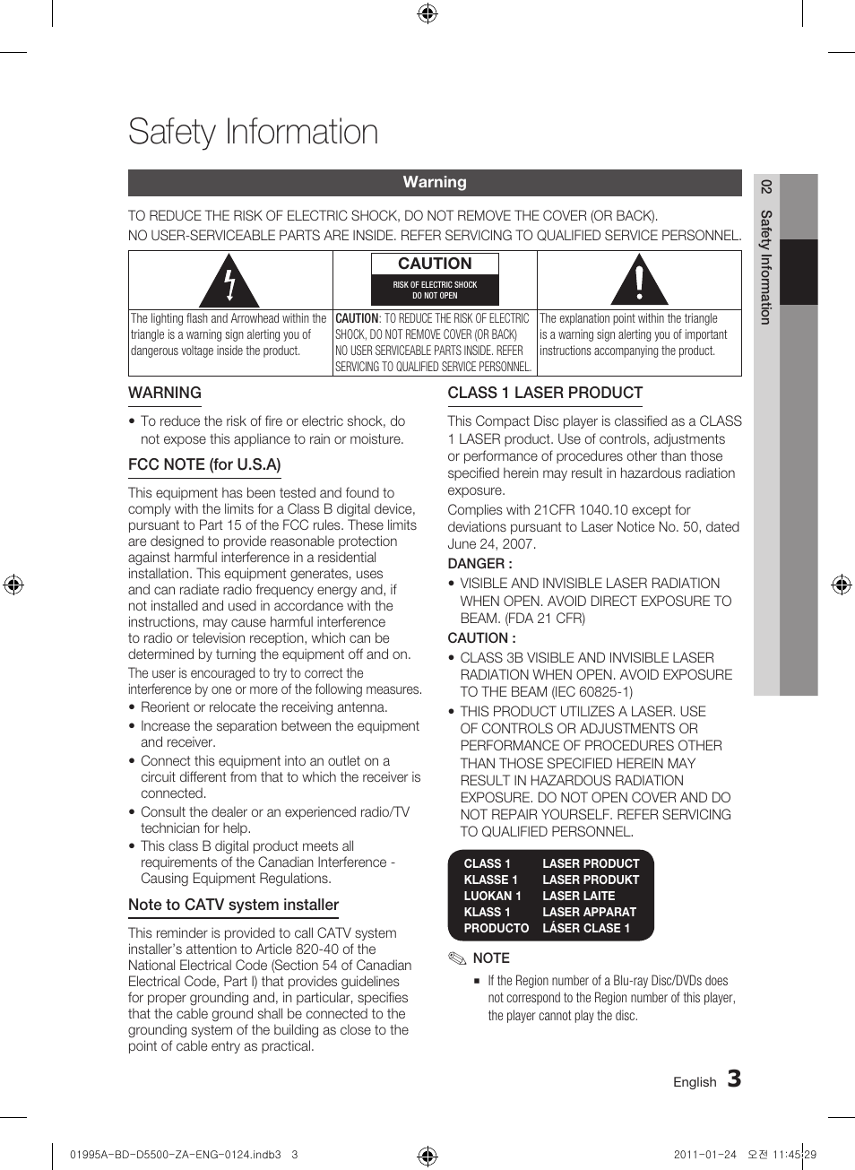 Safety information, Warning | Samsung BD-D5500 User Manual | Page 3 / 74