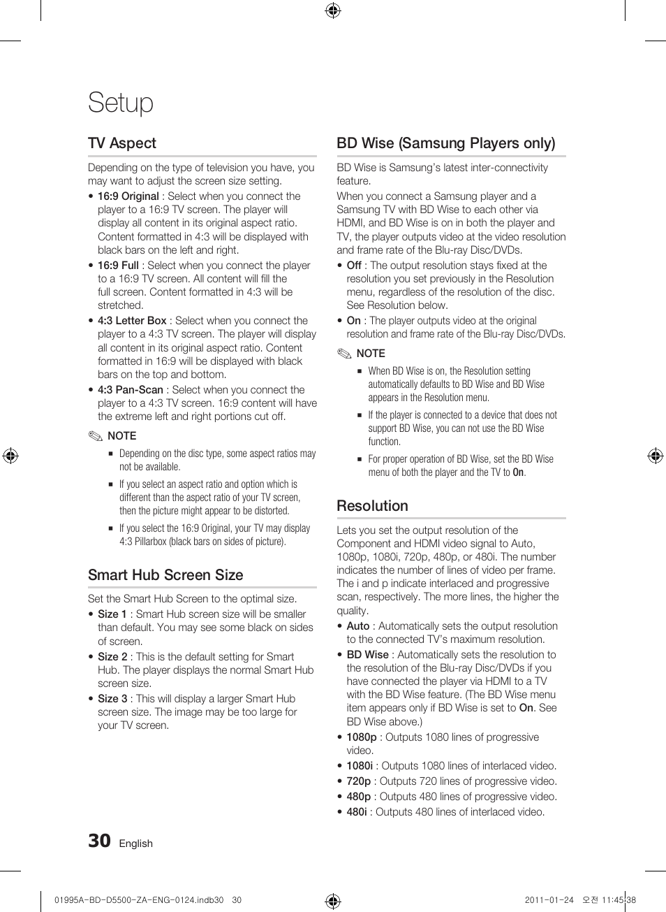 Tv aspect, Smart hub screen size, Bd wise (samsung players only) | Resolution, Setup | Samsung BD-D5500 User Manual | Page 30 / 74