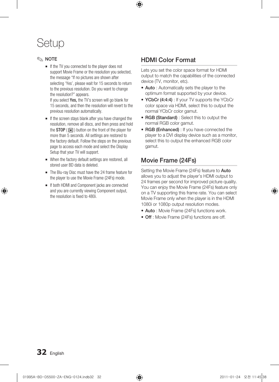 Hdmi color format, Movie frame (24fs), Setup | Samsung BD-D5500 User Manual | Page 32 / 74