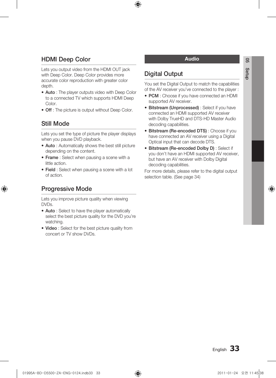 Hdmi deep color, Still mode, Progressive mode | Audio, Digital output | Samsung BD-D5500 User Manual | Page 33 / 74