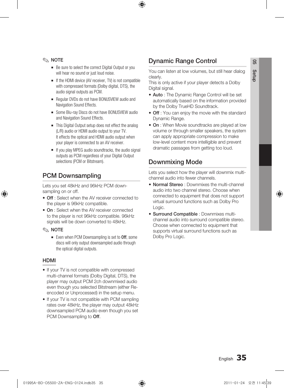 Pcm downsampling, Dynamic range control, Downmixing mode | Samsung BD-D5500 User Manual | Page 35 / 74