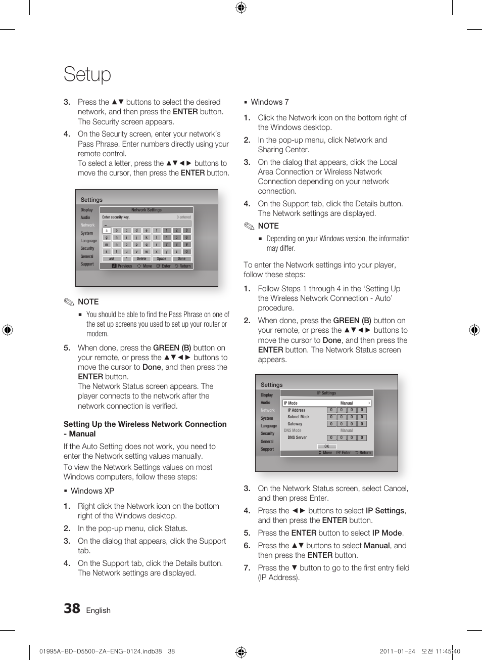 Setup | Samsung BD-D5500 User Manual | Page 38 / 74