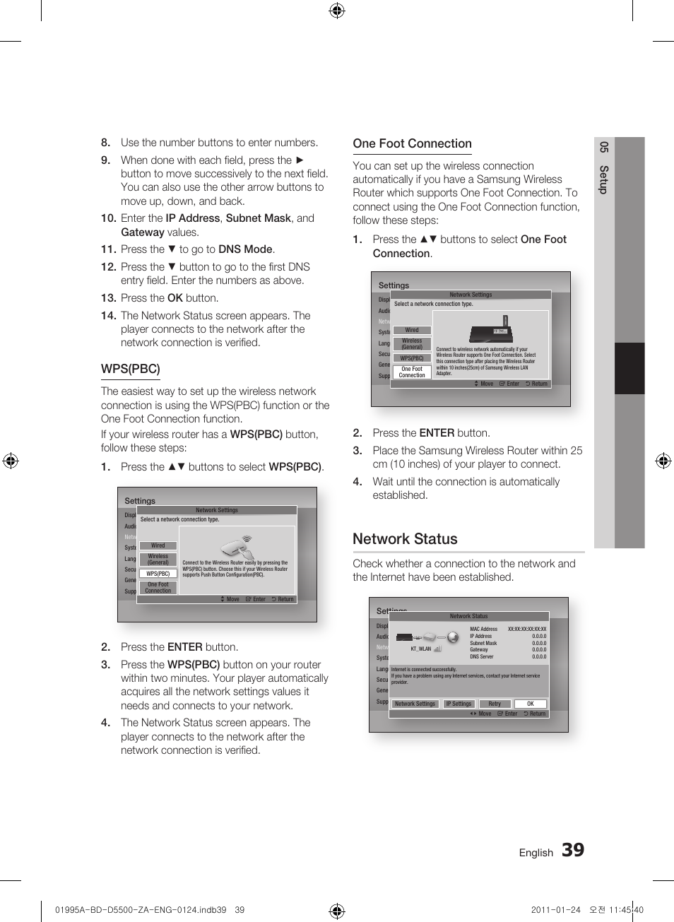 Network status, Wps(pbc), One foot connection | Samsung BD-D5500 User Manual | Page 39 / 74