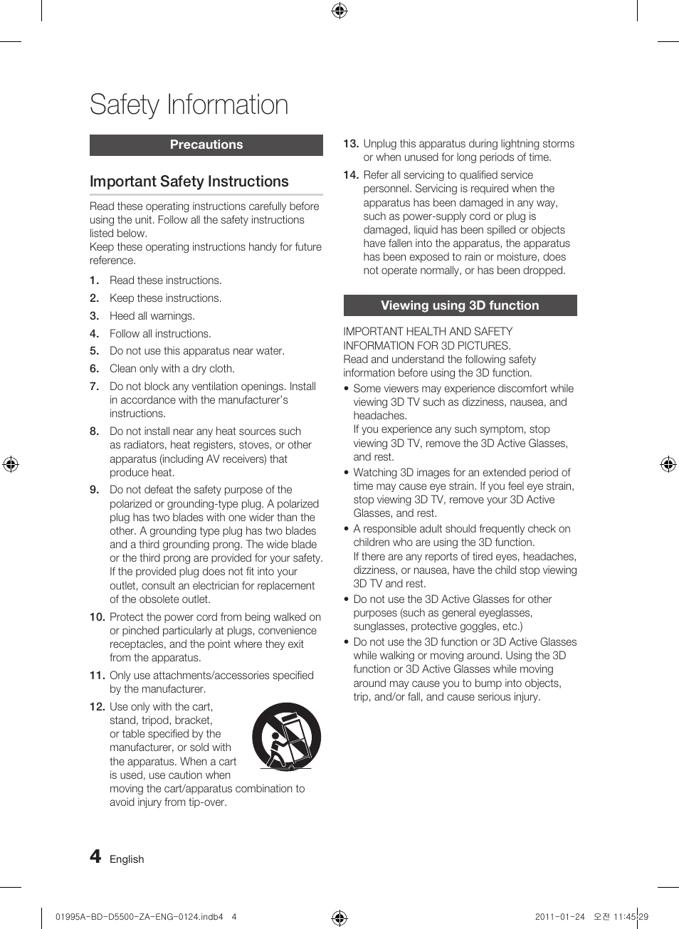 Precautions, Important safety instructions, Viewing using 3d function | Safety information | Samsung BD-D5500 User Manual | Page 4 / 74