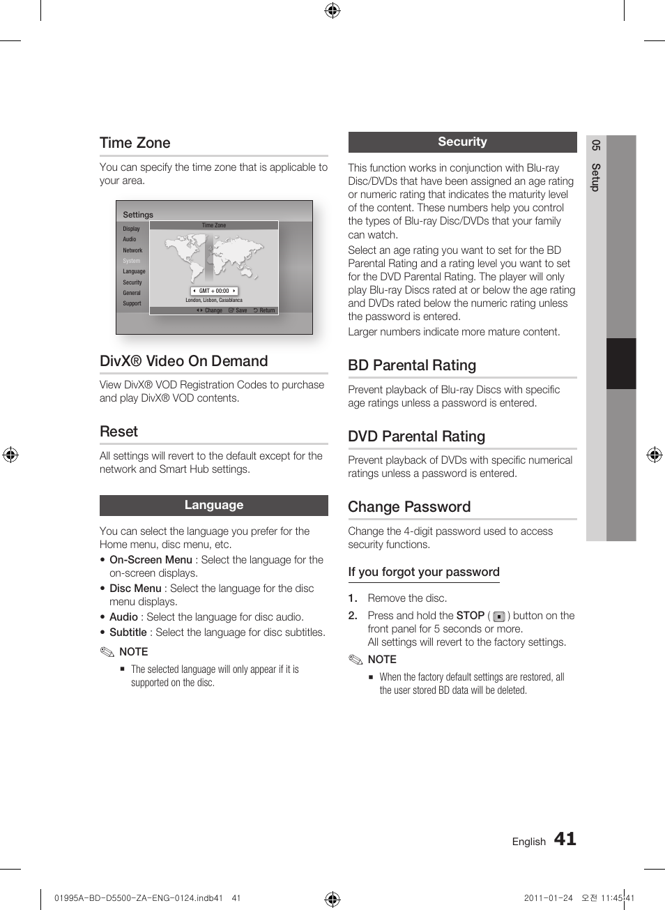 Time zone, Divx® video on demand, Reset | Language, Security, Bd parental rating, Dvd parental rating, Change password | Samsung BD-D5500 User Manual | Page 41 / 74