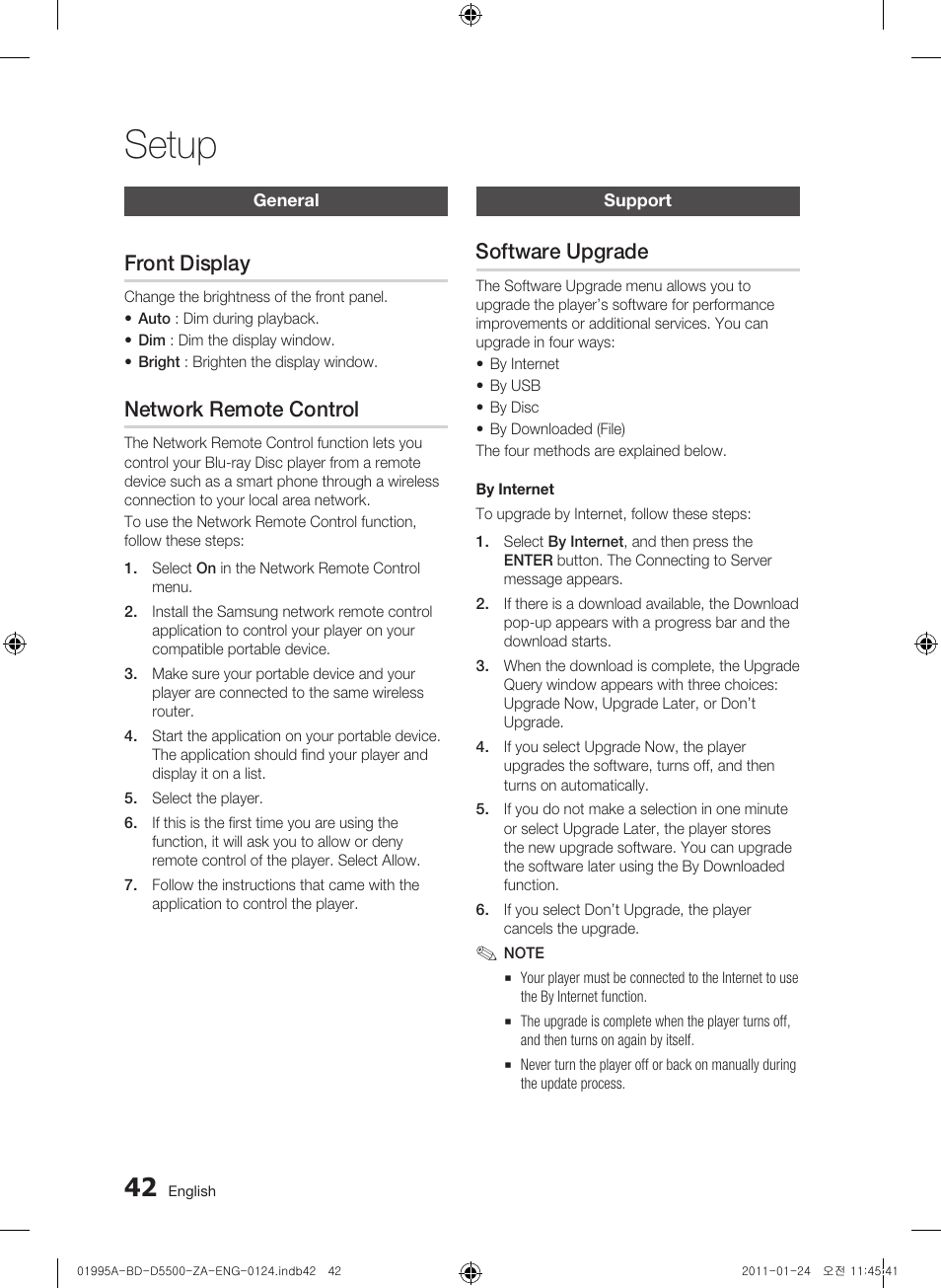 General, Front display, Network remote control | Support, Software upgrade, Setup | Samsung BD-D5500 User Manual | Page 42 / 74