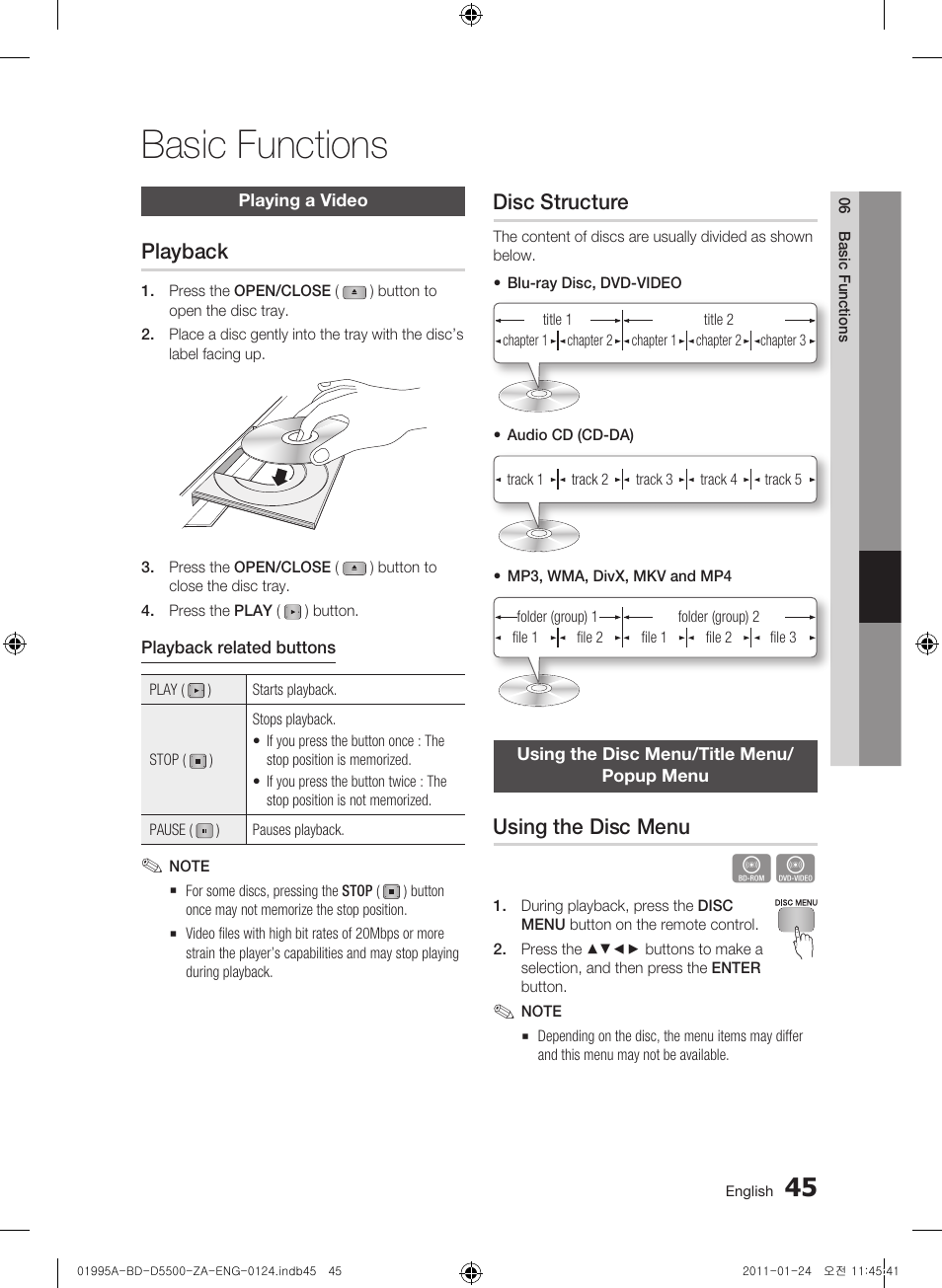 Basic functions, Playing a video, Playback | Disc structure, Using the disc menu/title menu/popup menu, Using the disc menu | Samsung BD-D5500 User Manual | Page 45 / 74