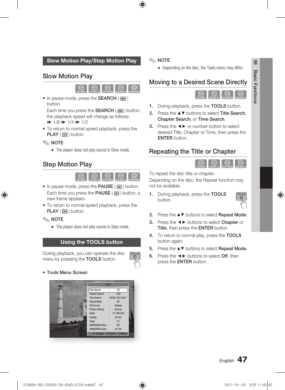 Slow motion play/step motion play, Slow motion play, Step motion play | Using the tools button, Moving to a desired scene directly, Repeating the title or chapter | Samsung BD-D5500 User Manual | Page 47 / 74