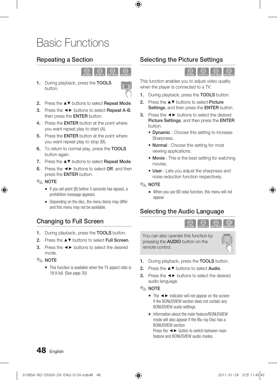 Repeating a section, Changing to full screen, Selecting the picture settings | Selecting the audio language, Basic functions | Samsung BD-D5500 User Manual | Page 48 / 74