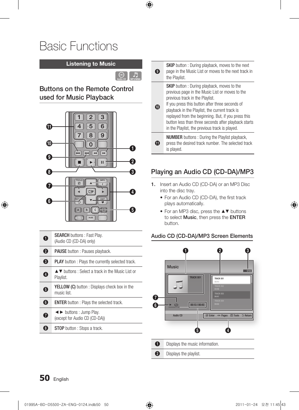 Listening to music, Playing an audio cd (cd-da)/mp3, Basic functions | Audio cd (cd-da)/mp3 screen elements | Samsung BD-D5500 User Manual | Page 50 / 74