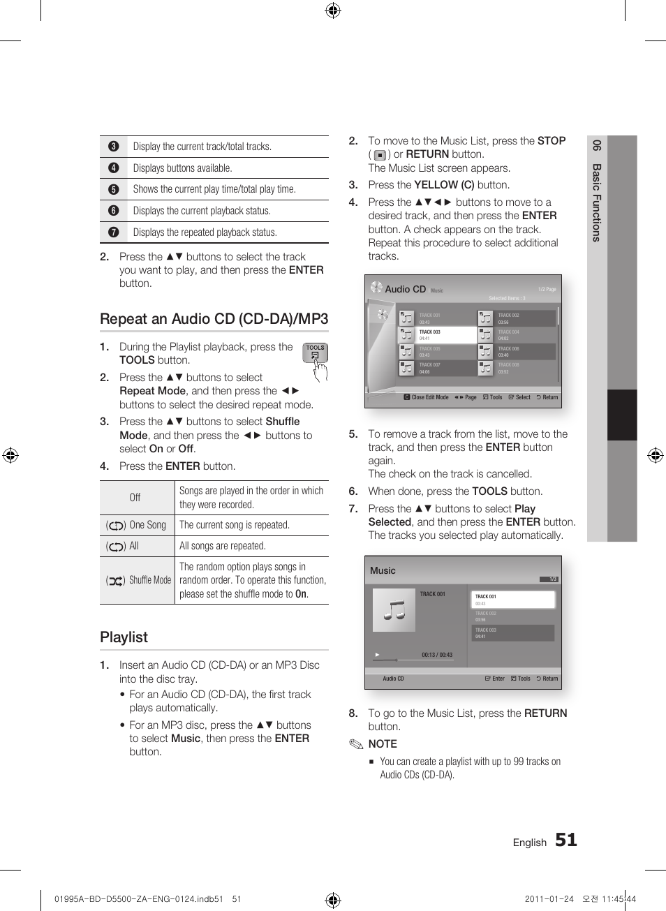 Repeat an audio cd (cd-da)/mp3, Playlist | Samsung BD-D5500 User Manual | Page 51 / 74