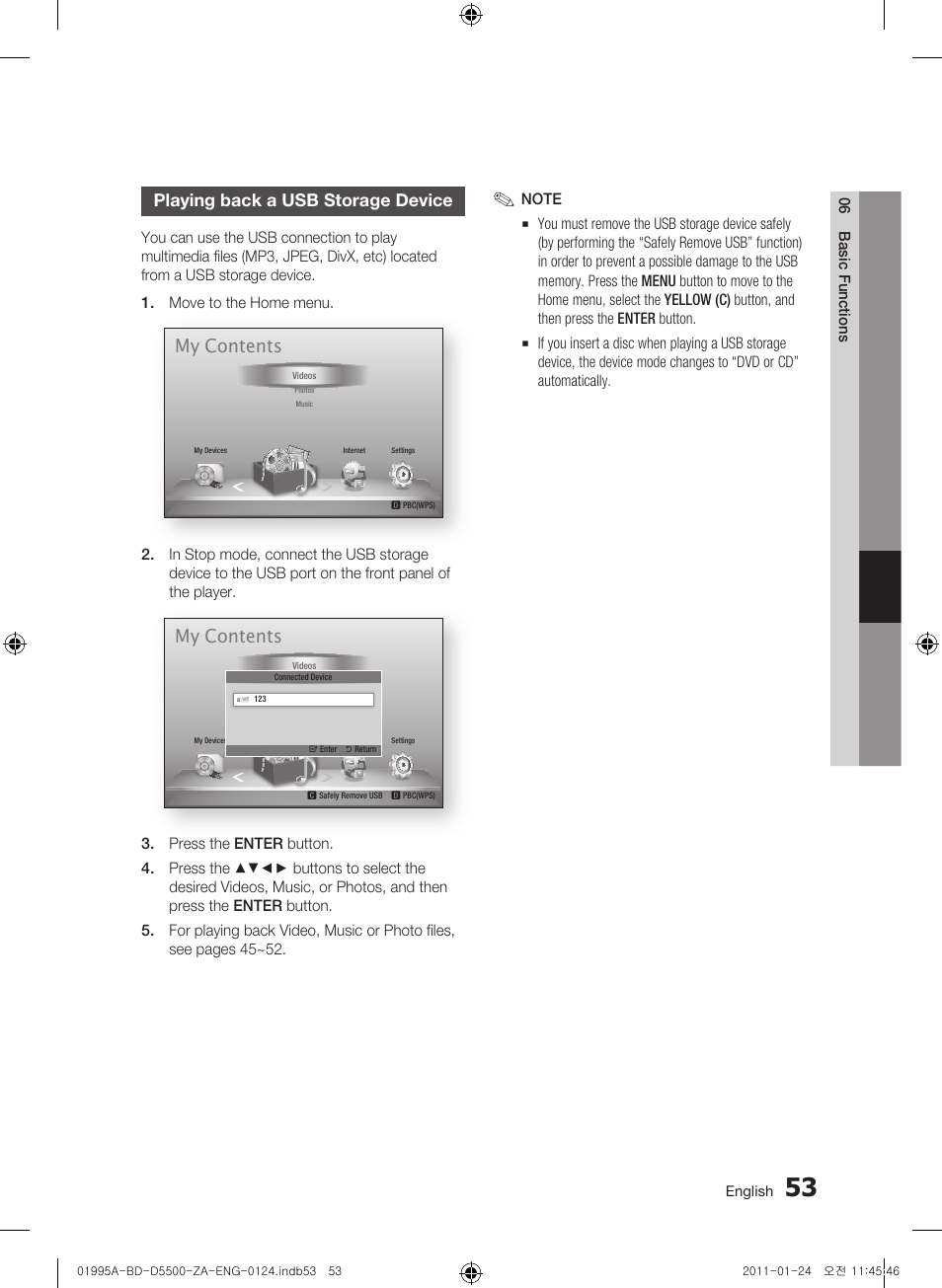 Playing back a usb storage device, My contents | Samsung BD-D5500 User Manual | Page 53 / 74