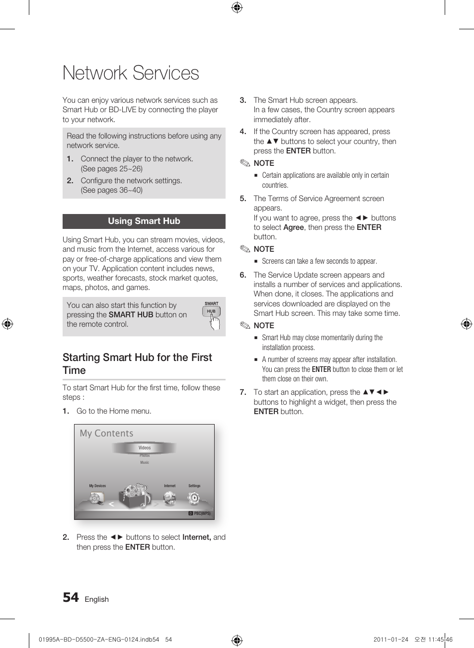 Network services, Using smart hub, Starting smart hub for the first time | Samsung BD-D5500 User Manual | Page 54 / 74