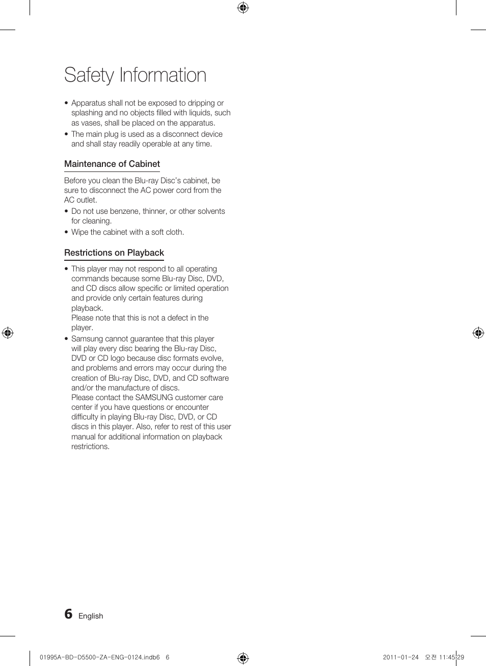 Safety information | Samsung BD-D5500 User Manual | Page 6 / 74