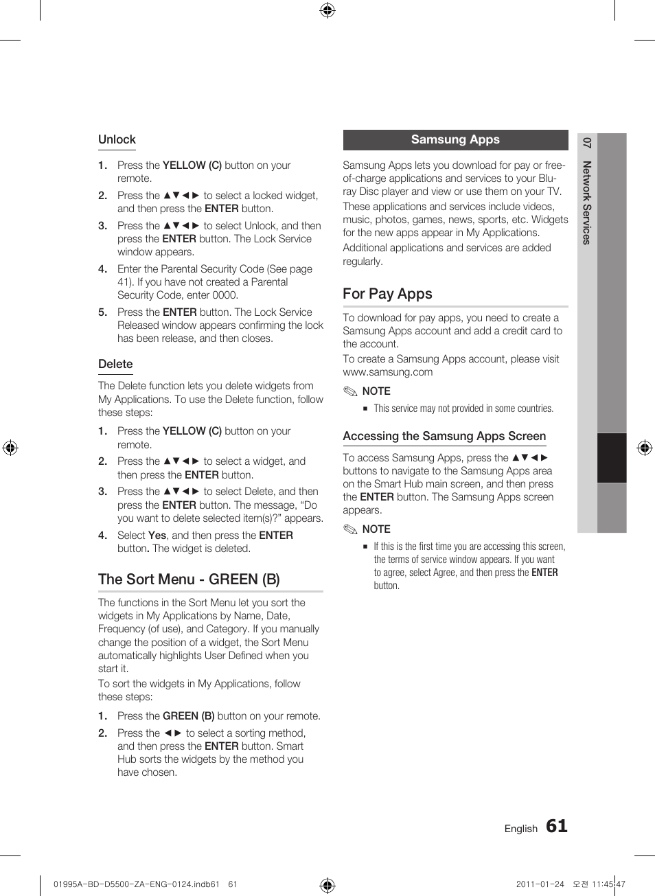 The sort menu - green (b), Samsung apps, For pay apps | Samsung BD-D5500 User Manual | Page 61 / 74