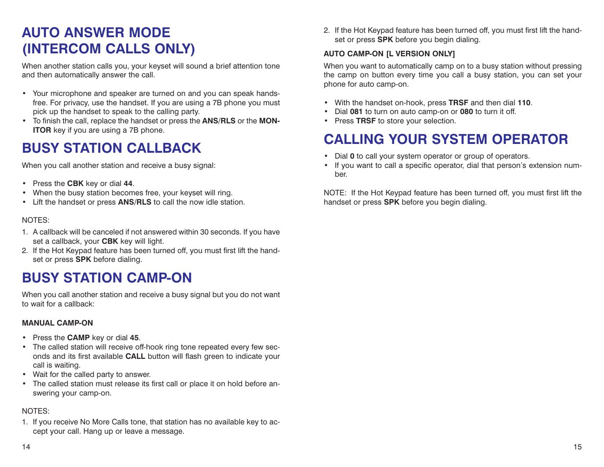 Calling your system operator, Auto answer mode (intercom calls only), Busy station callback | Busy station camp-on | Samsung iDCS 500-DCS User Manual | Page 10 / 32